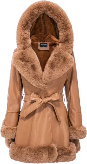 GRAN ORIENTE Women's Faux Leather Jacket with Faux Fur Collar, Winter Long Sleeve Furry Trim Peplum Parka Coat with Belt