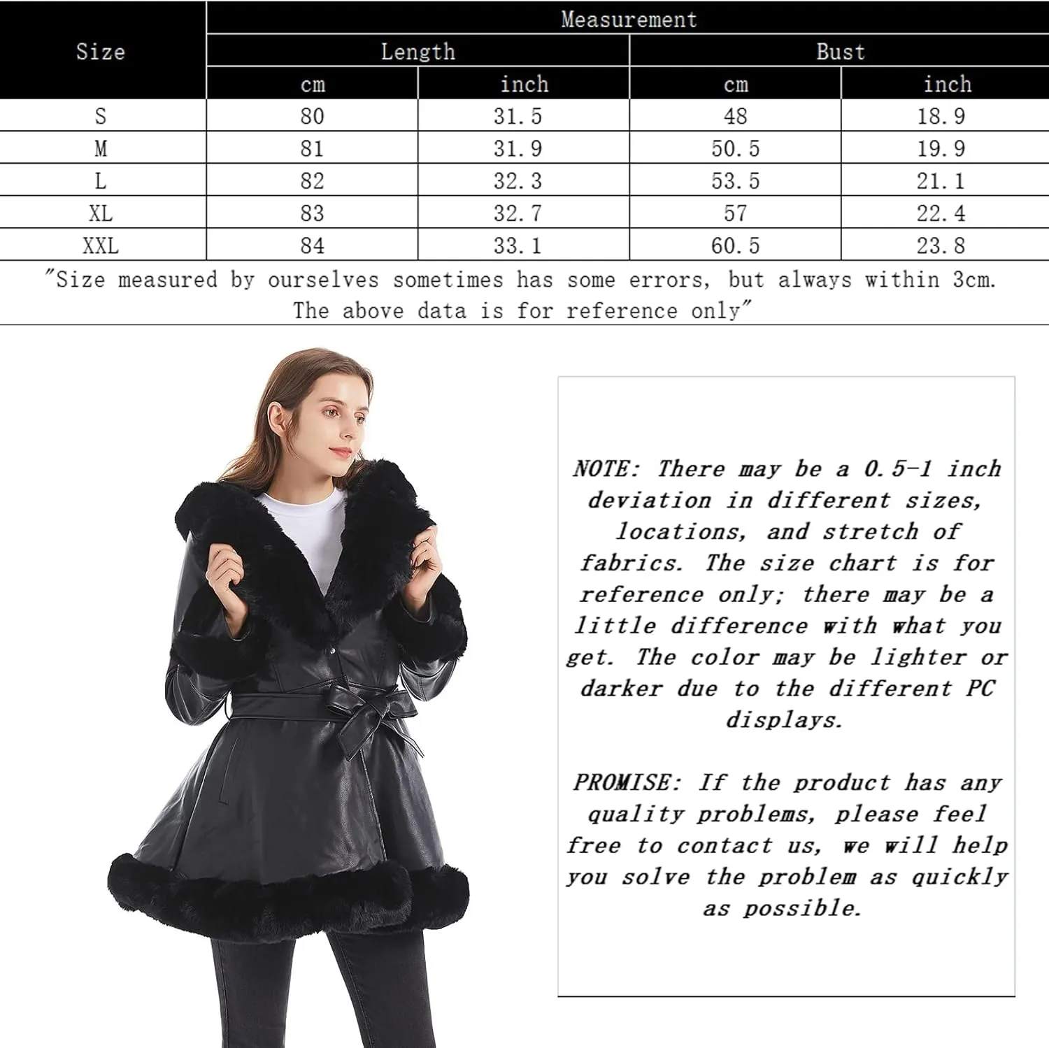 GRAN ORIENTE Women's Faux Leather Jacket with Faux Fur Collar, Winter Long Sleeve Furry Trim Peplum Parka Coat with Belt