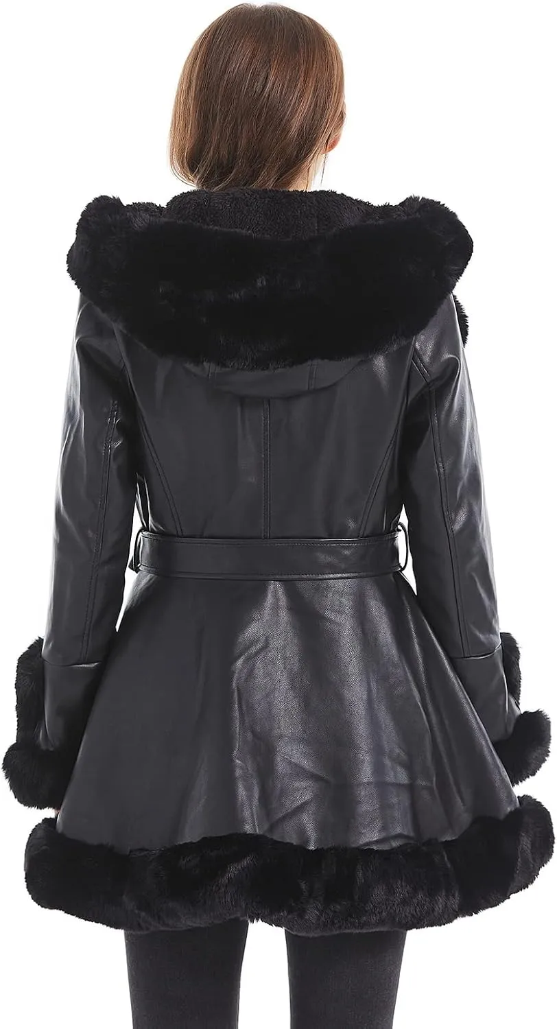 GRAN ORIENTE Women's Faux Leather Jacket with Faux Fur Collar, Winter Long Sleeve Furry Trim Peplum Parka Coat with Belt