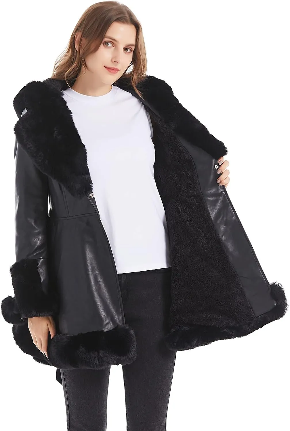 GRAN ORIENTE Women's Faux Leather Jacket with Faux Fur Collar, Winter Long Sleeve Furry Trim Peplum Parka Coat with Belt