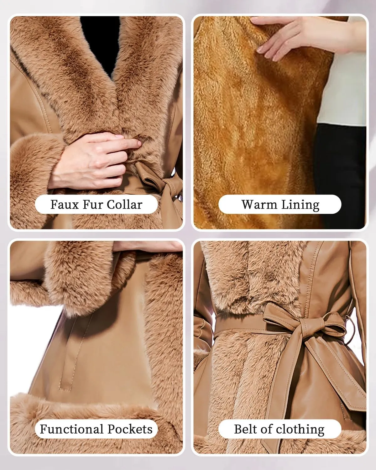 GRAN ORIENTE Women's Faux Leather Jacket with Faux Fur Collar, Winter Long Sleeve Furry Trim Peplum Parka Coat with Belt