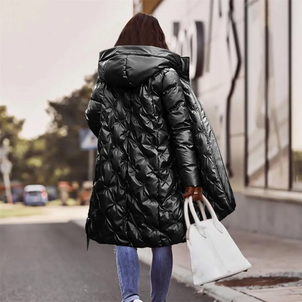 Haitpant Women's Hooded Down Parka Mid-Length Jacket Bright Embroidered Padded Jacket Slim Warm Cotton Coat