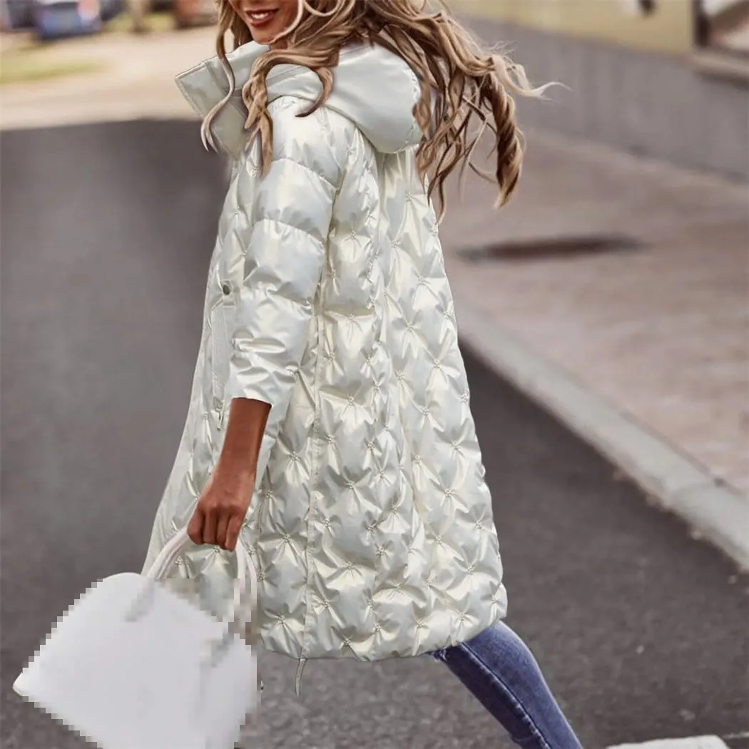 Haitpant Women's Hooded Down Parka Mid-Length Jacket Bright Embroidered Padded Jacket Slim Warm Cotton Coat