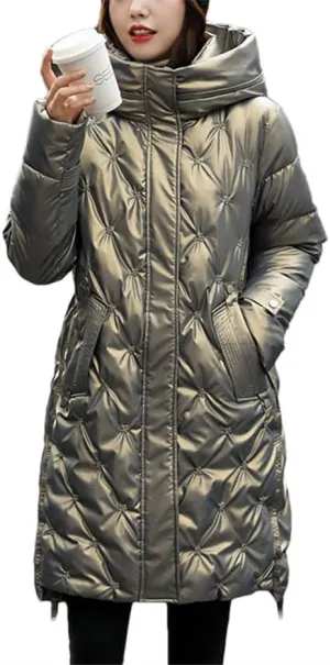 Haitpant Women's Hooded Down Parka Mid-Length Jacket Bright Embroidered Padded Jacket Slim Warm Cotton Coat