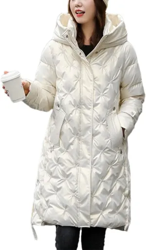 Haitpant Women's Hooded Down Parka Mid-Length Jacket Bright Embroidered Padded Jacket Slim Warm Cotton Coat