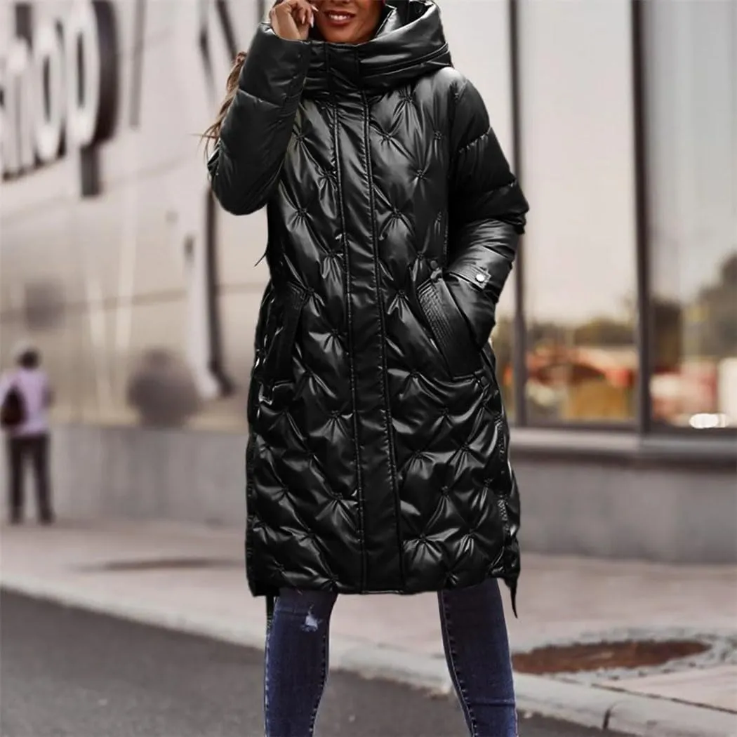 Haitpant Women's Hooded Down Parka Mid-Length Jacket Bright Embroidered Padded Jacket Slim Warm Cotton Coat