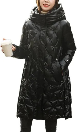 Haitpant Women's Hooded Down Parka Mid-Length Jacket Bright Embroidered Padded Jacket Slim Warm Cotton Coat