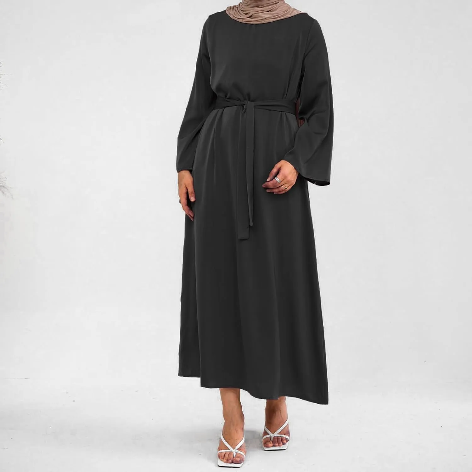 Hanimeli Women's Satin Abaya Maxi Dress with Belt Bell Sleeves Modest Dress for Casual and Special Occasions Weddings Prom