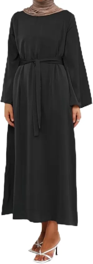 Hanimeli Women's Satin Abaya Maxi Dress with Belt Bell Sleeves Modest Dress for Casual and Special Occasions Weddings Prom