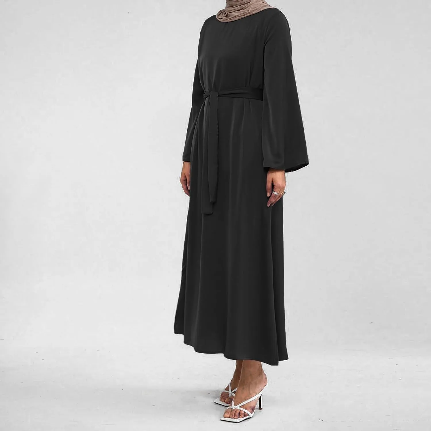 Hanimeli Women's Satin Abaya Maxi Dress with Belt Bell Sleeves Modest Dress for Casual and Special Occasions Weddings Prom
