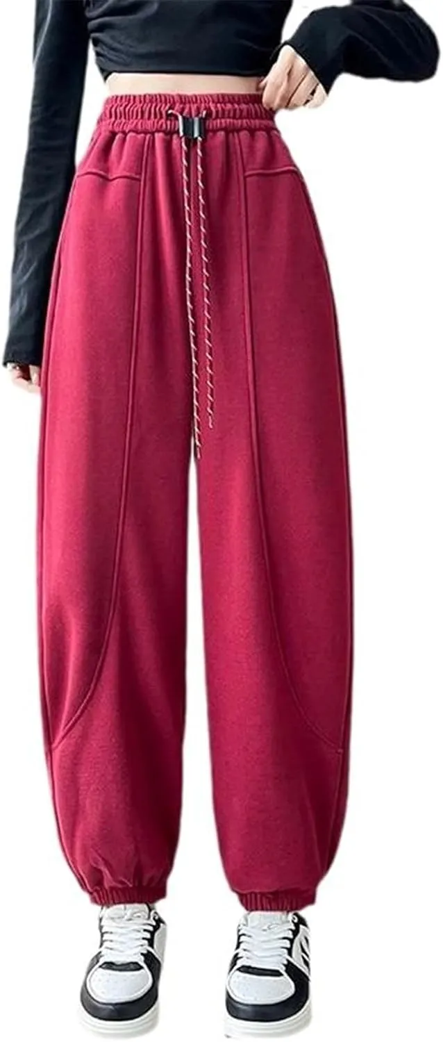 Harem Pants for Women Autumn Winter Elastic Waist high-Waisted Fleece Lining Sporty Casual Sweatpants