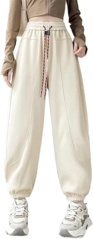 Harem Pants for Women Autumn Winter Elastic Waist high-Waisted Fleece Lining Sporty Casual Sweatpants