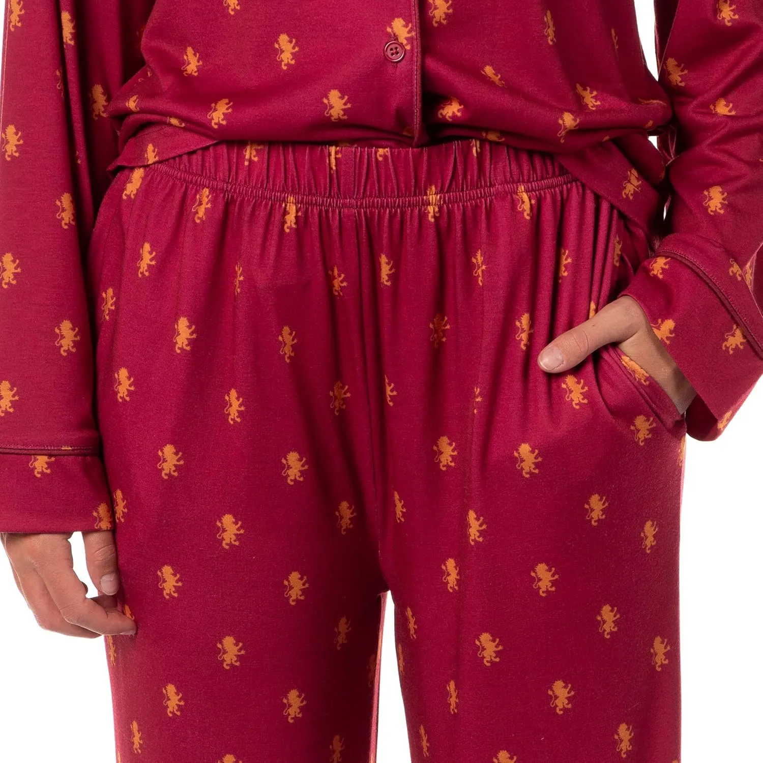 Harry Potter Women's Gryffindor Allover Lion Design Classic Pajamas Button-Up Top and Pants Lounge Sleep Set