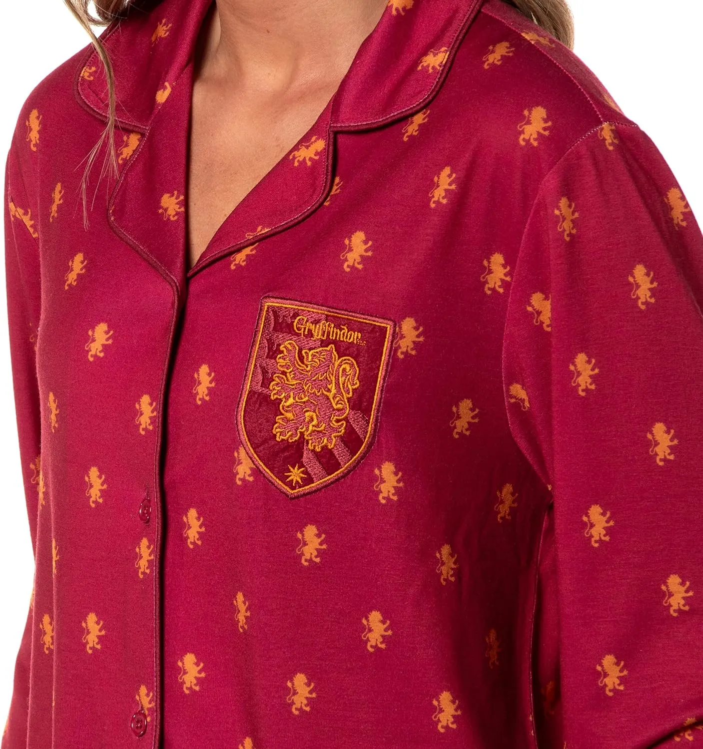 Harry Potter Women's Gryffindor Allover Lion Design Classic Pajamas Button-Up Top and Pants Lounge Sleep Set