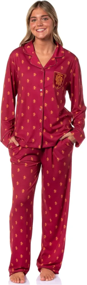 Harry Potter Women's Gryffindor Allover Lion Design Classic Pajamas Button-Up Top and Pants Lounge Sleep Set