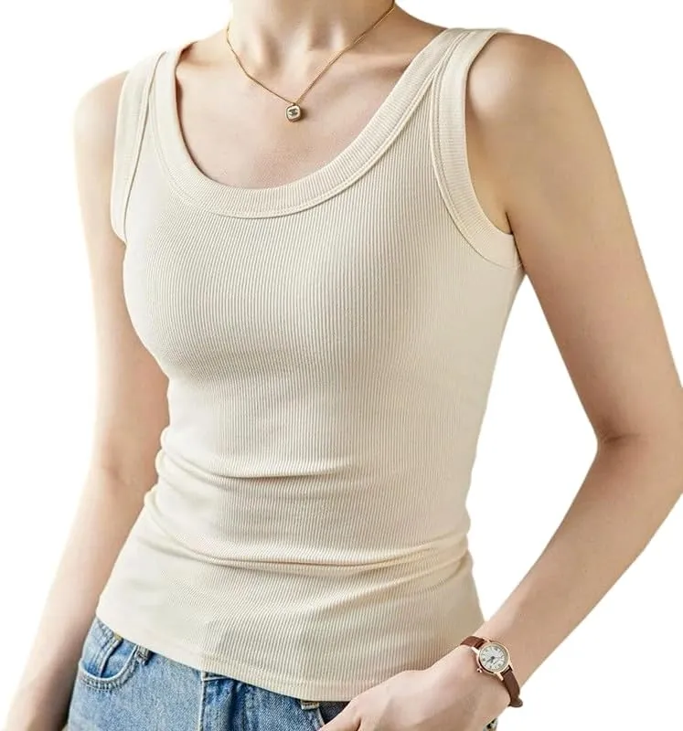 hathne Womens Sleeveless Ribbed Fitted Basic Tank Top Vest Summer High Neck Tops Racerback Camisole