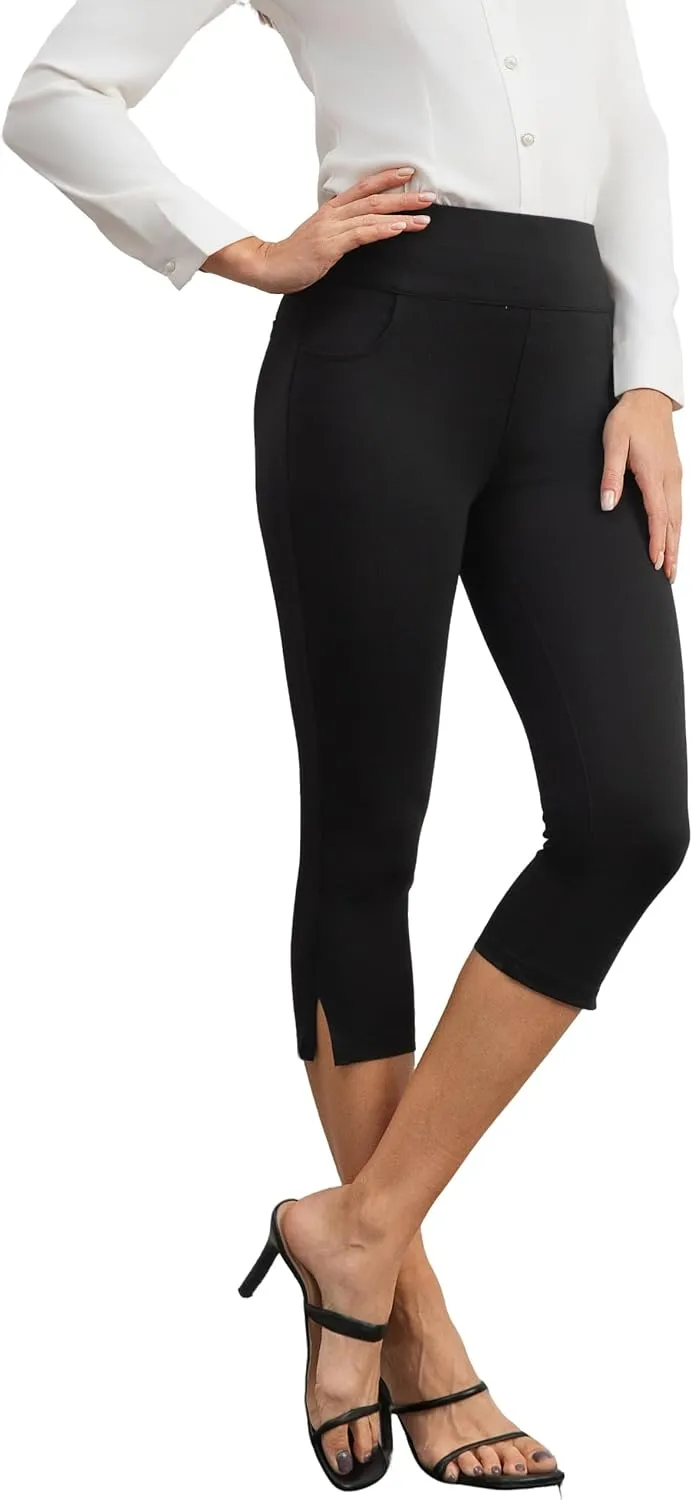 heipeiwa Women's Capri Pants Dressy High Waist Pull on Pants Comfort Stretch Slit Slim Business Casual Trouser