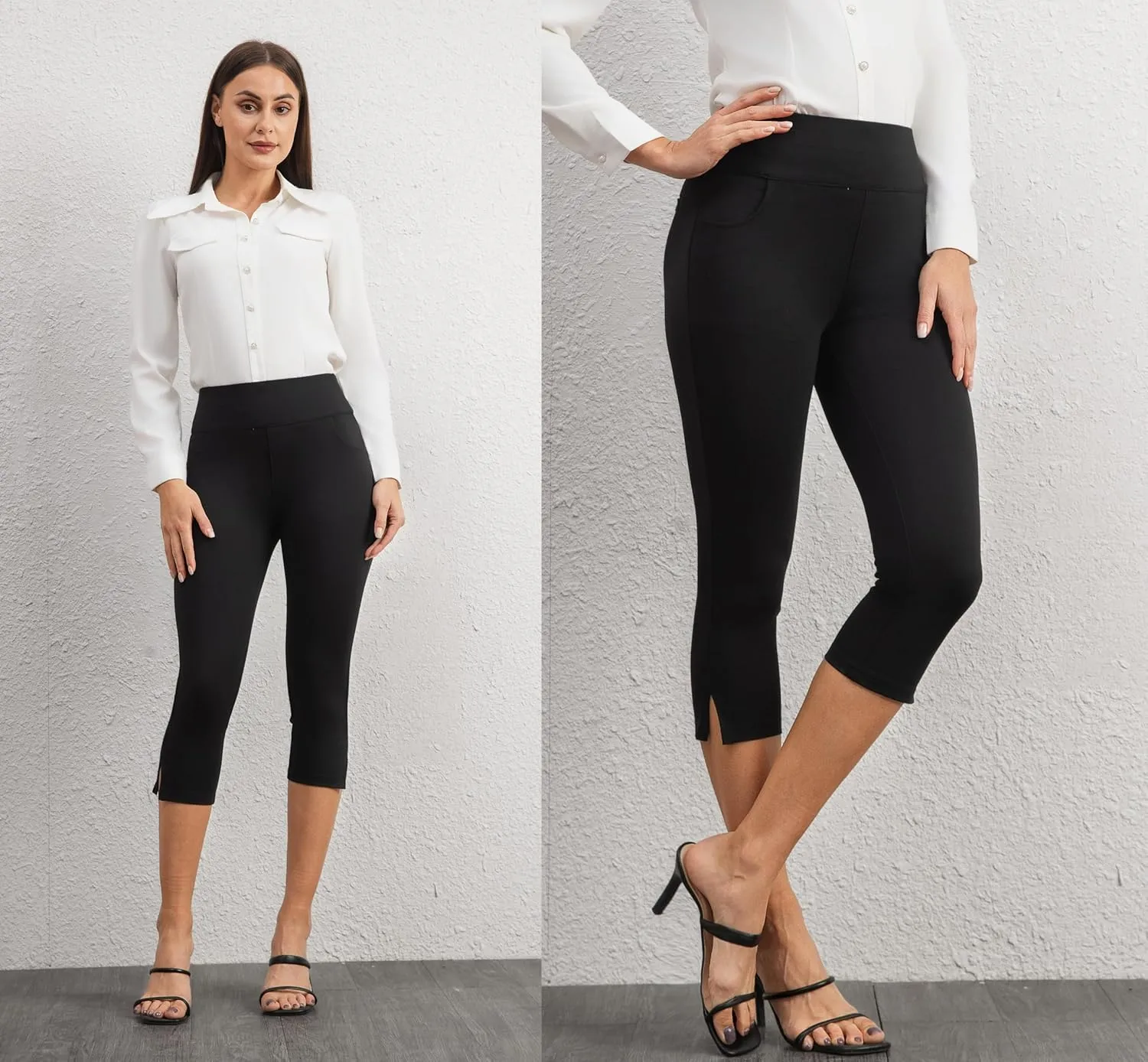 heipeiwa Women's Capri Pants Dressy High Waist Pull on Pants Comfort Stretch Slit Slim Business Casual Trouser