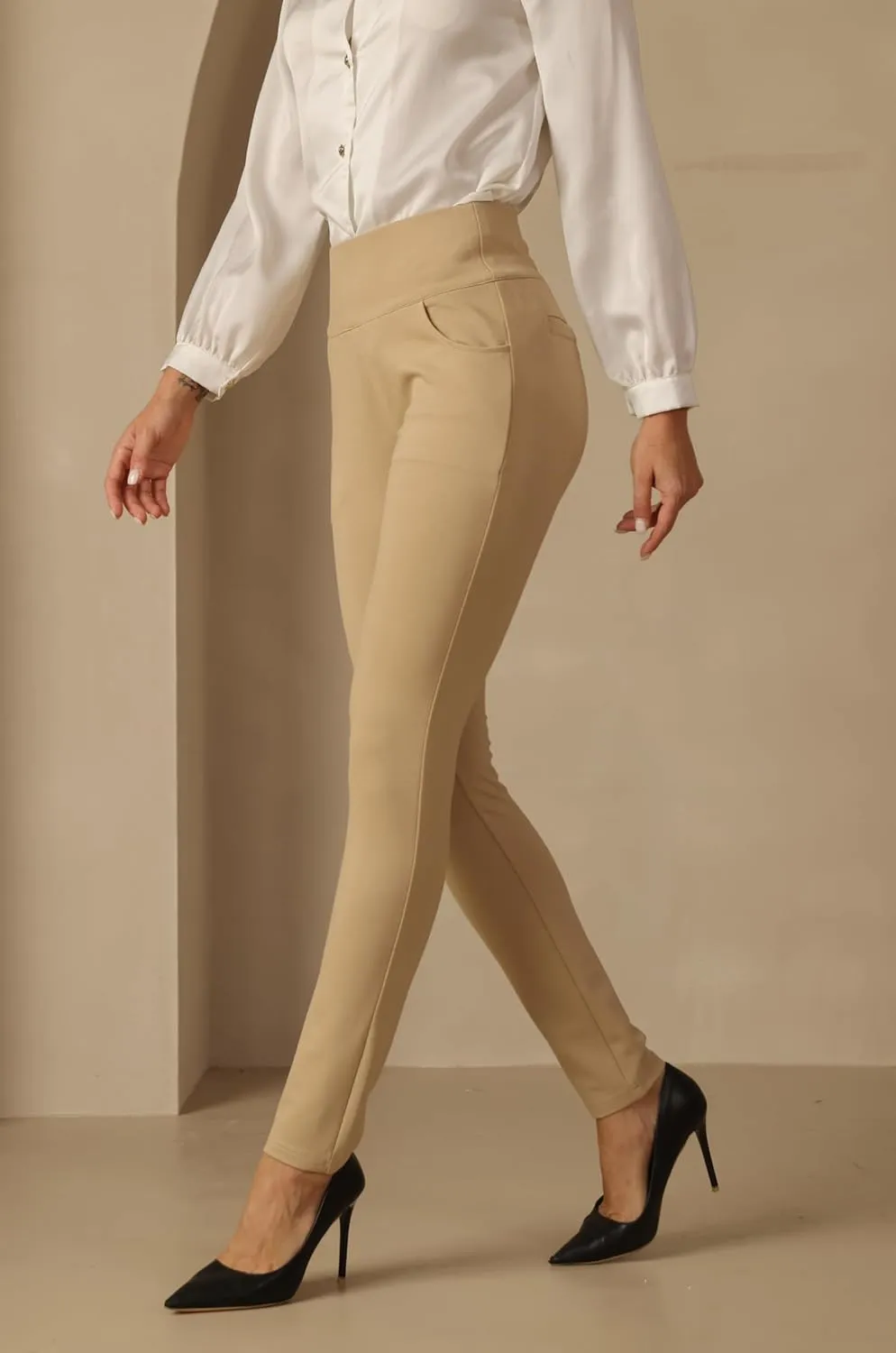 heipeiwa Women's Dress Pants Skinny High Waist Pull on Pants with Pockets Comfort Stretch Slim Fit Work Pants