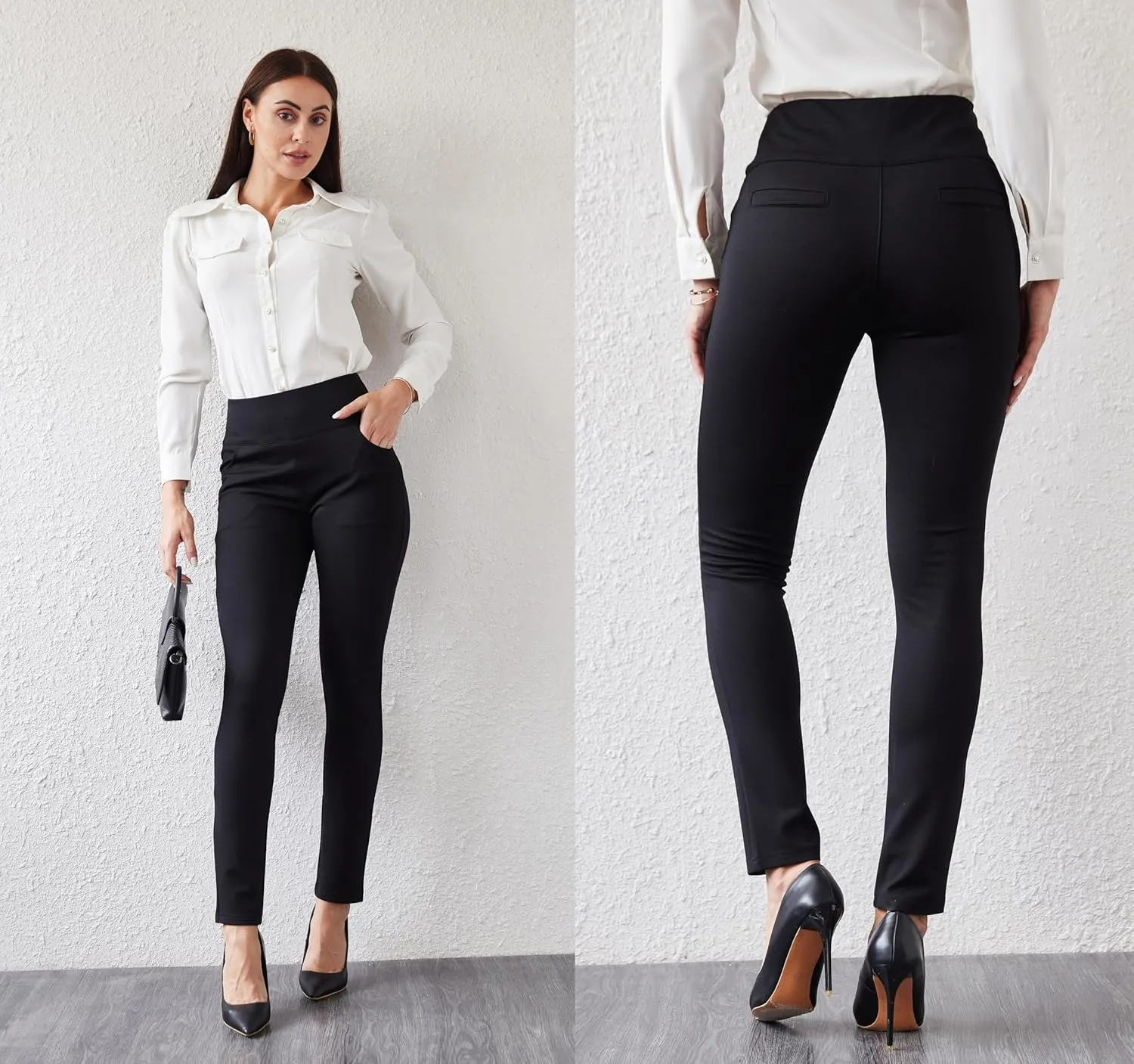 heipeiwa Women's Dress Pants Skinny High Waist Pull on Pants with Pockets Comfort Stretch Slim Fit Work Pants