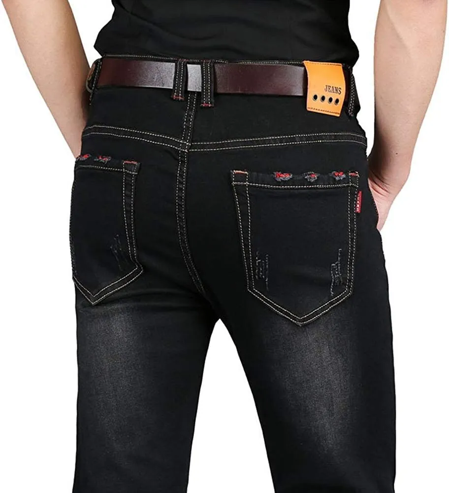 HENGAO Men's Regular Fit Straight Leg Jeans Slim Fit Skinny Stretch Comfort Denim Pants