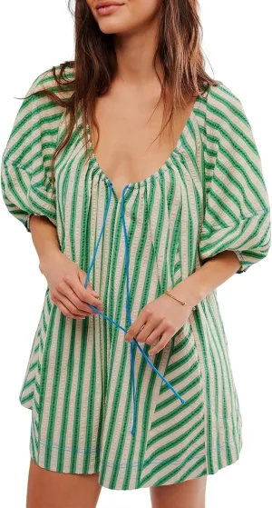 hibshaby Women's Boho Romper  Sleeves Bow Tie Mini Short Jumpsuit Playsuits Babydoll Romper Travel Vacation Clothes