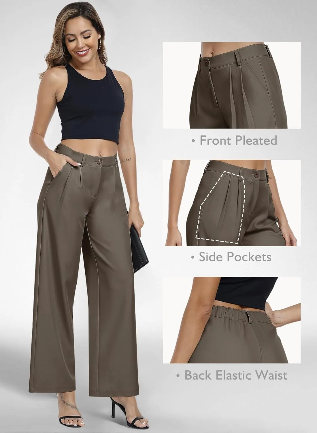 Hiverlay Womens Dress Pants Pleated Wide Leg Business Casual Trousers Dressy Palazzo Pants with Pockets