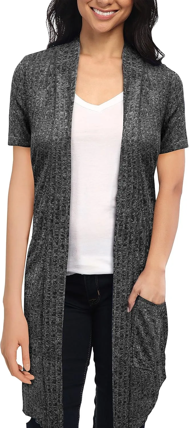 Hybrid & Company Womens Casual Short Sleeve Open Front Drape Cardigan