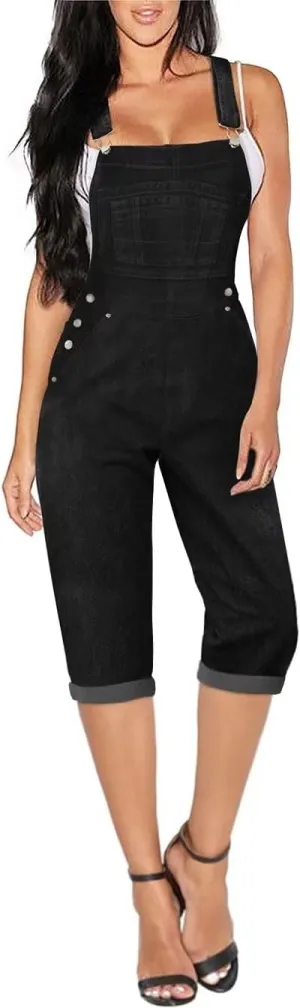 Hybrid & Company Womens Denim Bib Sleeveless Overalls Utility Rompers Capri Jumpsuit with Pockets