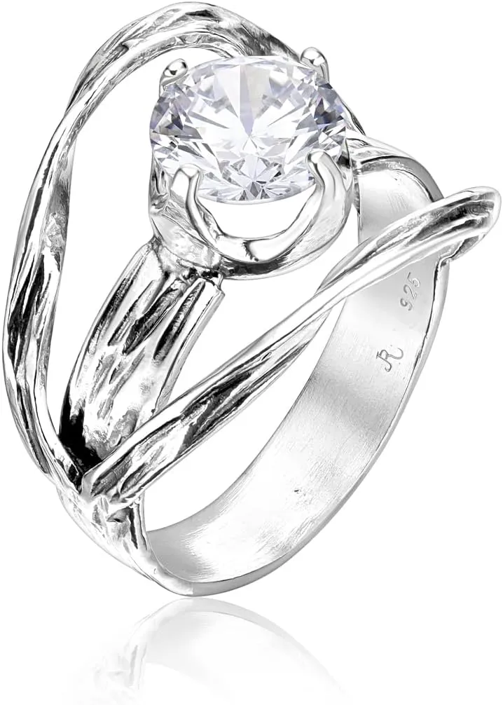 JEAN RACHEL JEWELRY 925 Sterling Silver Ring - Vintage Design with Prong Set Clear Cubic Zirconia - Hypoallergenic, Lead & Nickel Free Jewelry - Artisan Handcrafted Statement Rings for Women