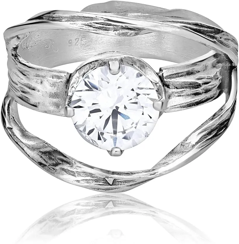 JEAN RACHEL JEWELRY 925 Sterling Silver Ring - Vintage Design with Prong Set Clear Cubic Zirconia - Hypoallergenic, Lead & Nickel Free Jewelry - Artisan Handcrafted Statement Rings for Women