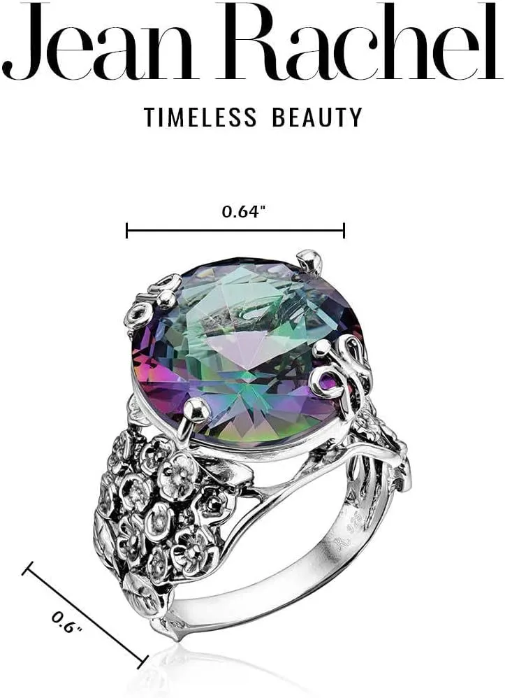 JEAN RACHEL JEWELRY 925 Sterling Silver Ring with Bold Round Cubic Zirconia - Floral & Butterfly Vintage Design - Hypoallergenic, Lead & Nickel Free - Artisan Handcrafted Statement Rings for Women