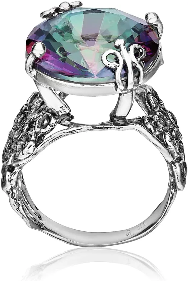 JEAN RACHEL JEWELRY 925 Sterling Silver Ring with Bold Round Cubic Zirconia - Floral & Butterfly Vintage Design - Hypoallergenic, Lead & Nickel Free - Artisan Handcrafted Statement Rings for Women