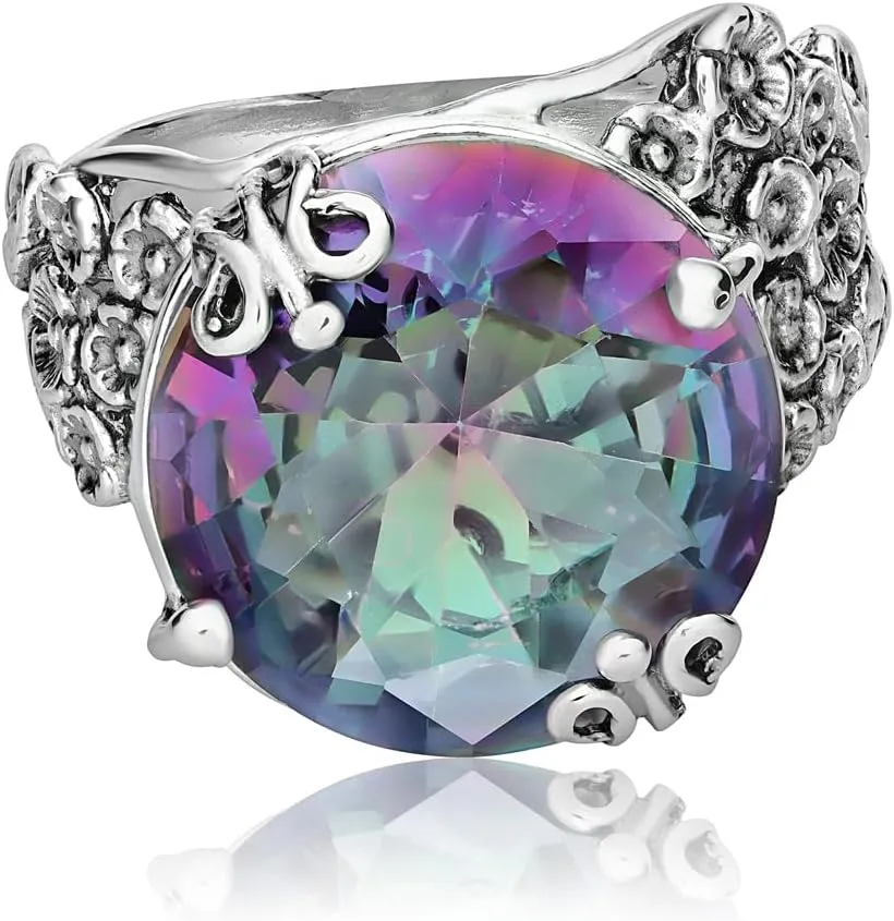JEAN RACHEL JEWELRY 925 Sterling Silver Ring with Bold Round Cubic Zirconia - Floral & Butterfly Vintage Design - Hypoallergenic, Lead & Nickel Free - Artisan Handcrafted Statement Rings for Women