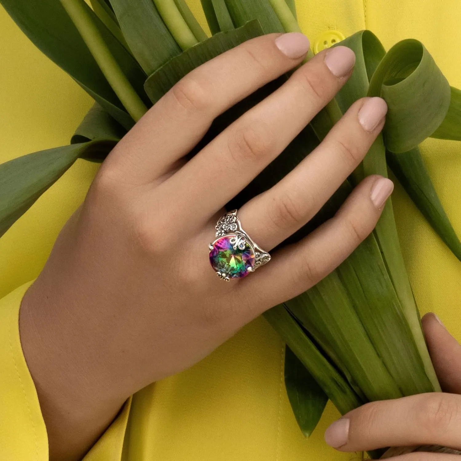 JEAN RACHEL JEWELRY 925 Sterling Silver Ring with Bold Round Cubic Zirconia - Floral & Butterfly Vintage Design - Hypoallergenic, Lead & Nickel Free - Artisan Handcrafted Statement Rings for Women
