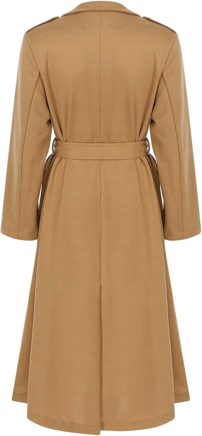 JEATHA Womens Classic Long Trench Coat Lapel Collar Open Front Belted Peacoat Fall Winter Windproof Overcoat
