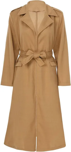 JEATHA Womens Classic Long Trench Coat Lapel Collar Open Front Belted Peacoat Fall Winter Windproof Overcoat