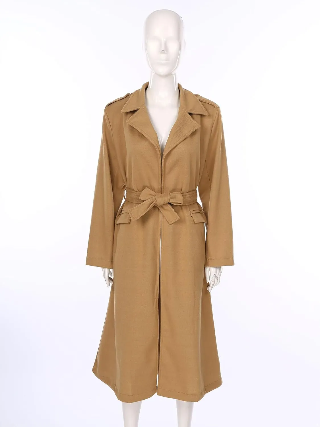 JEATHA Womens Classic Long Trench Coat Lapel Collar Open Front Belted Peacoat Fall Winter Windproof Overcoat