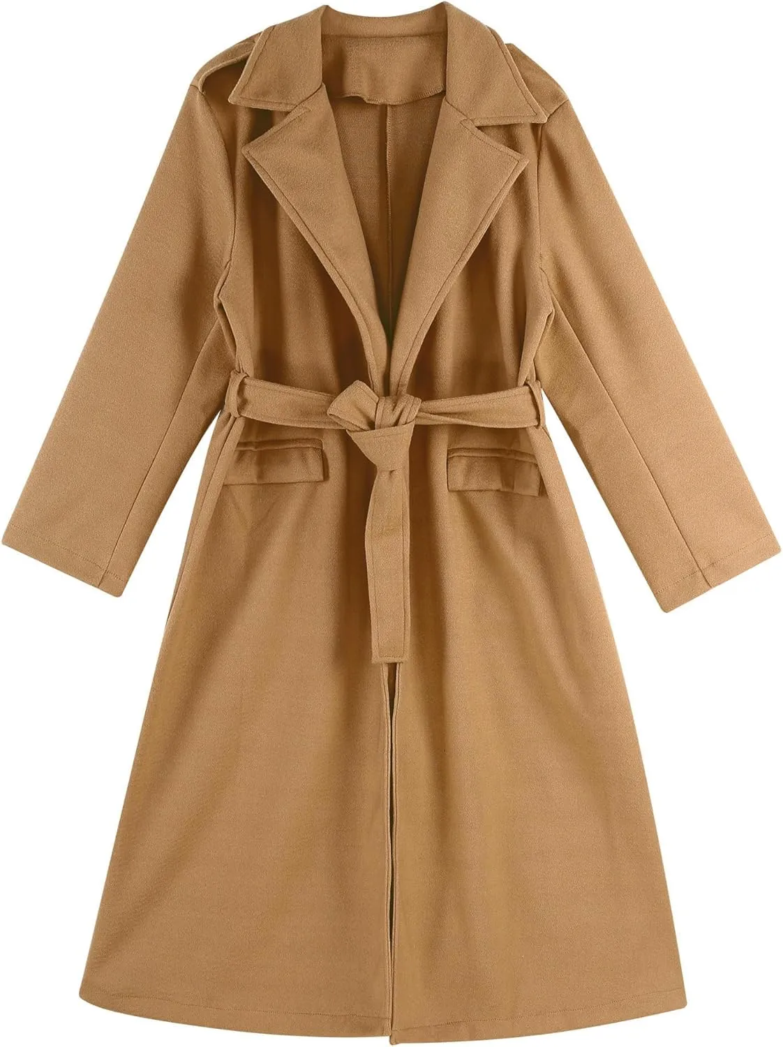 JEATHA Womens Classic Long Trench Coat Lapel Collar Open Front Belted Peacoat Fall Winter Windproof Overcoat