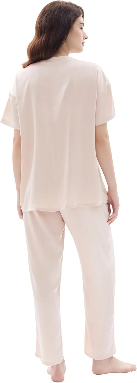 Joyaria Womens Cooling Silk/Satin Pajamas Set Short Sleeve Top with Long Pant Pjs