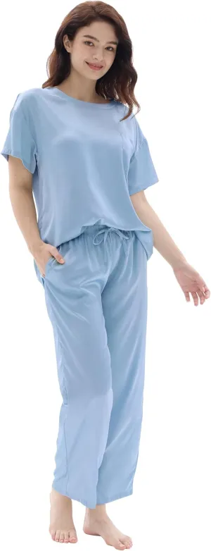 Joyaria Womens Cooling Silk/Satin Pajamas Set Short Sleeve Top with Long Pant Pjs