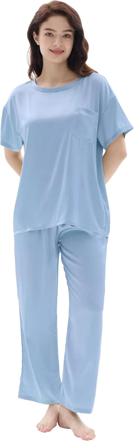 Joyaria Womens Cooling Silk/Satin Pajamas Set Short Sleeve Top with Long Pant Pjs