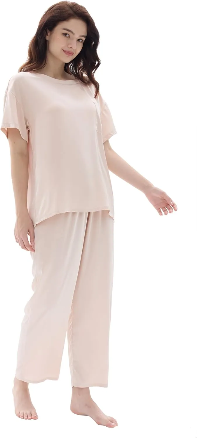 Joyaria Womens Cooling Silk/Satin Pajamas Set Short Sleeve Top with Long Pant Pjs