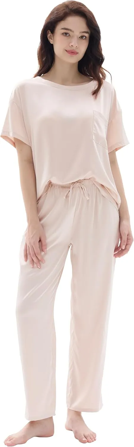 Joyaria Womens Cooling Silk/Satin Pajamas Set Short Sleeve Top with Long Pant Pjs