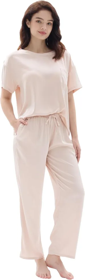 Joyaria Womens Cooling Silk/Satin Pajamas Set Short Sleeve Top with Long Pant Pjs