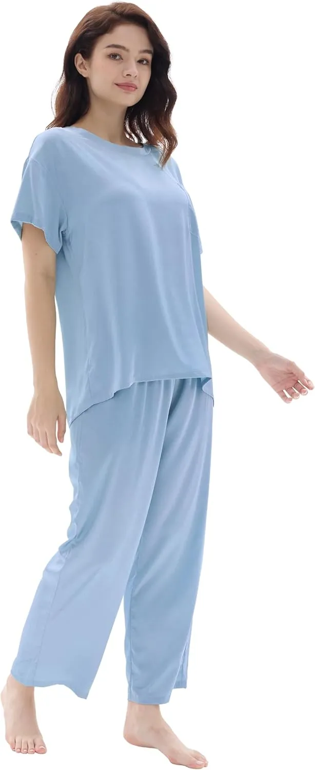 Joyaria Womens Cooling Silk/Satin Pajamas Set Short Sleeve Top with Long Pant Pjs