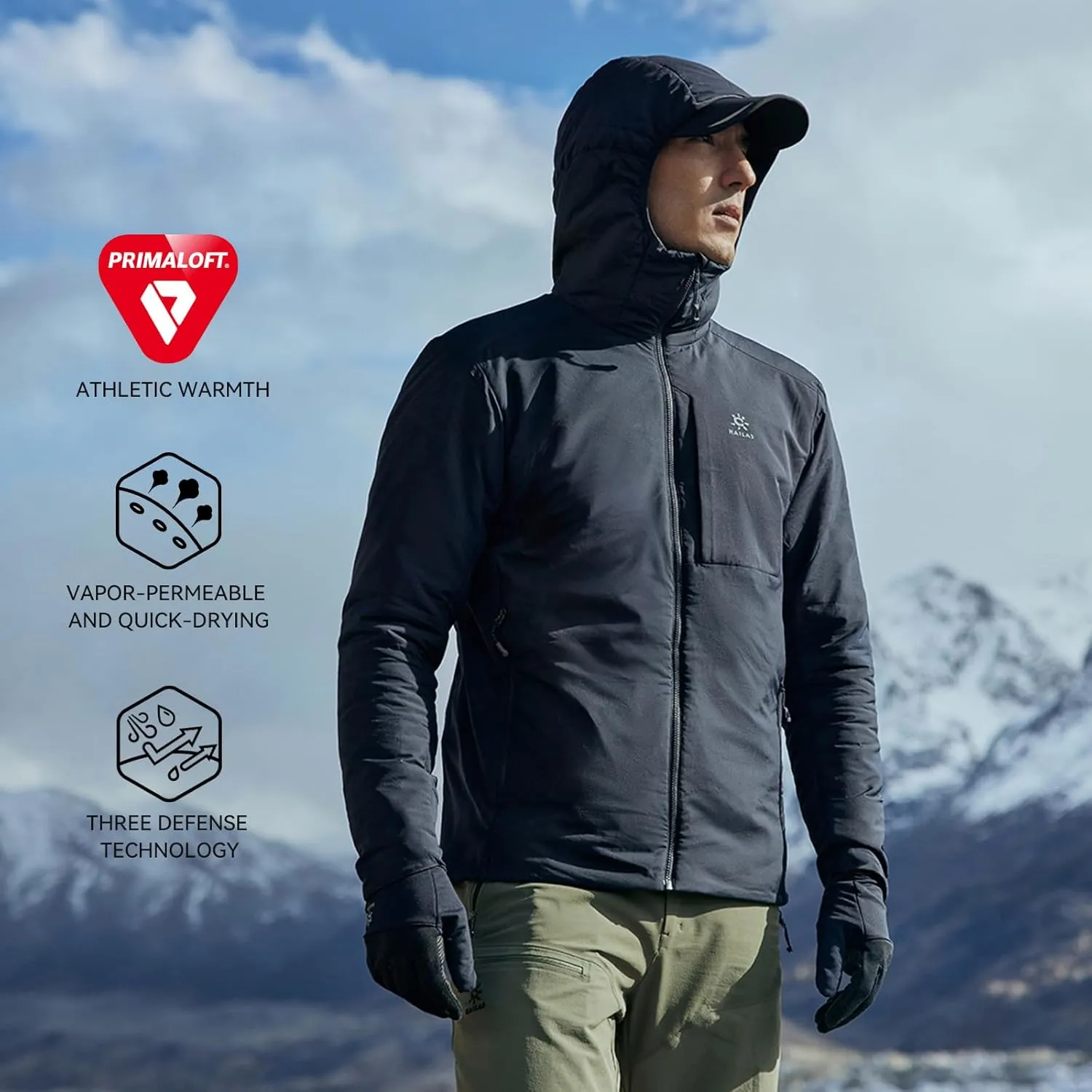 KAILAS Men's Puffer Winter Down Jacket Hooded Packable Lightweight Coat Windproof Jacket Hiking Ski Travel Primaloft Cotton
