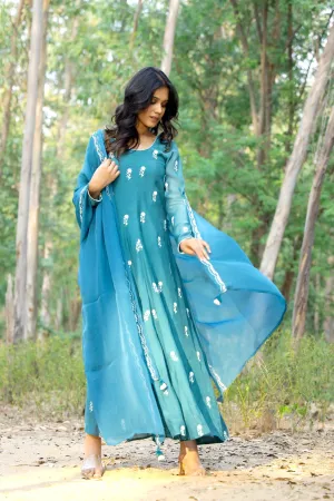 Kapraaha Sapphire Teal Anarkali Dress with Dupatta (Set of 2)
