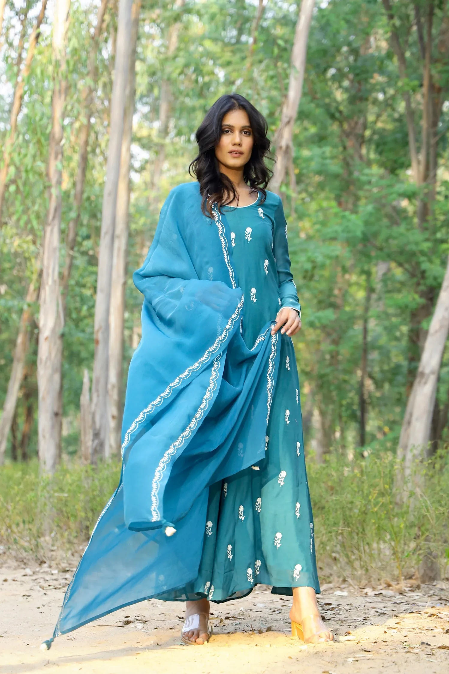 Kapraaha Sapphire Teal Anarkali Dress with Dupatta (Set of 2)