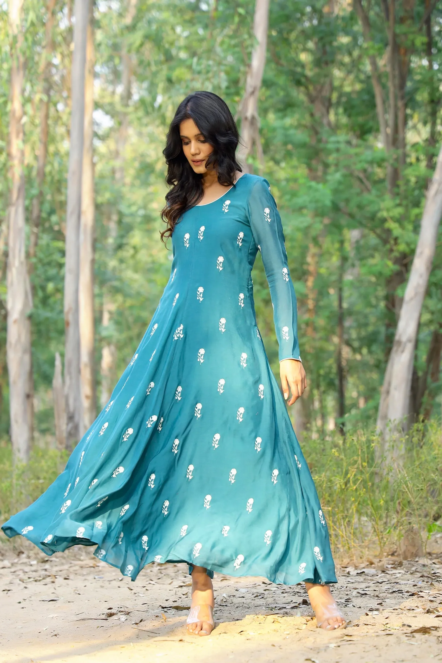 Kapraaha Sapphire Teal Anarkali Dress with Dupatta (Set of 2)